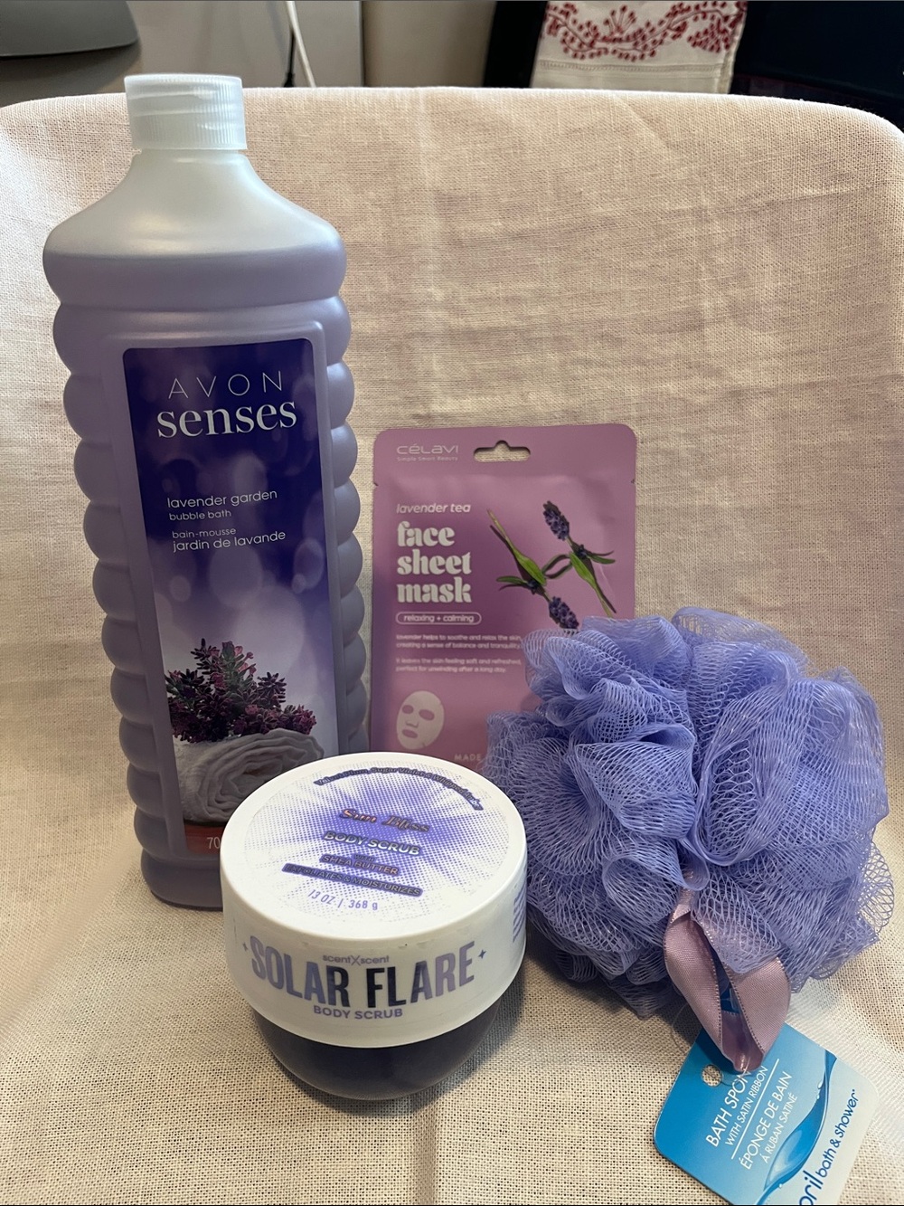 Avon Lavender Bath Set with Purple Bath Pouf